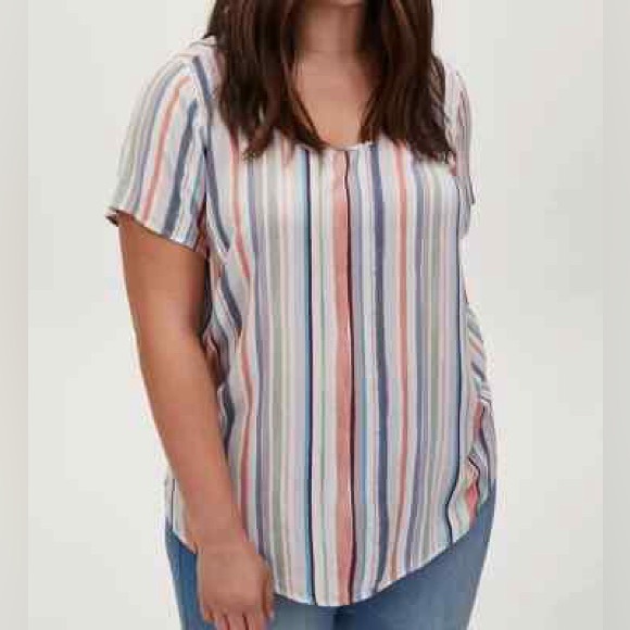 TORRID Abbey Painted Stripes Size 1X Short Sleeve Crinkle Button Back Boho NEW - Picture 2 of 13